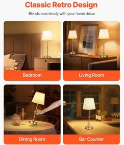 VEVOR Cordless Table Lamp 2PCS Rechargeable Battery Desk Lamp Fabric Shade Gold