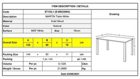 Τραπέζι MARTIN 140x80cm Άσπρο