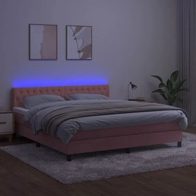 Κρεβάτι Boxspring με Στρώμα &amp; LED Ροζ 160x200 εκ. Βελούδινο - Ροζ