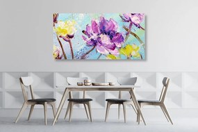 Εικόνα ζωγραφικής με κίτρινα και μοβ λουλούδια - 120x60
