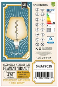 GloboStar 99025 Λάμπα LED Soft S Spiral Filament E27 NT170 BRANDY Γλόμπος 6W 420lm 360° AC 220-240V IP20 Φ17 x Υ23cm Ultra Θερμό Λευκό 2200K με Μελί Γυαλί - Dimmable - 3 Years Warranty