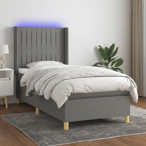 vidaXL Κρεβάτι Boxspring με Στρώμα &amp; LED Σκ.Γκρι 90x200 εκ. Υφασμάτινο