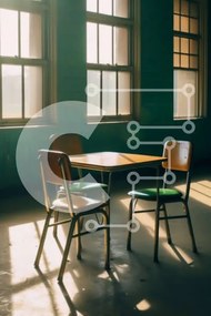 Intra Συλλεκτικό Ξύλινο Παζλ Plywood 4mm - Άδεια τάξη με ξύλινο τραπέζι και πράσινες καρέκλες Σε Ξύλινο Κουτί - Διαστάσεις Puzzle: 10x10 cm – 25 κομμάτια