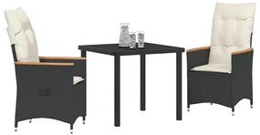 vidaXL Σέτ φαγητού για κήπο με μαξιλάρι 3 pcs Μαύρο Πολυ ράταν