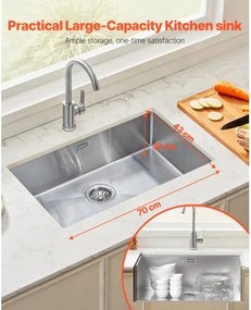 VEVOR 70cm Kitchen Sink Undermount Single Bowl Drop-In Basin Stainless Steel Bar