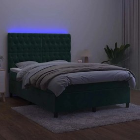 vidaXL Κρεβάτι Boxspring με Στρώμα &amp; LED Σκ. Πράσινο 140x200εκ Βελούδο