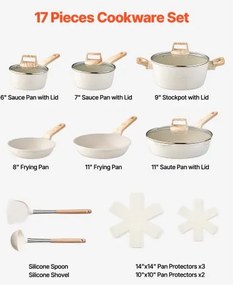 VEVOR 17 Piece Pots and Pans Set Granite Nonstick Kitchen Cookware White