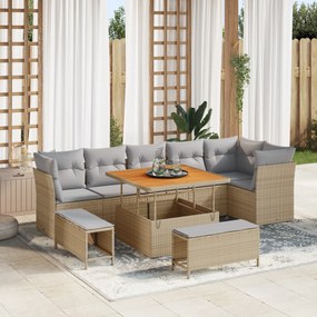 vidaXL Σετ Καναπέ 9 Τεμαχίων με Μαξιλάρια Μπεζ Πολυ Ρατάν Ακακία