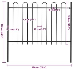 vidaXL Φράχτης Κήπου με Κορυφή από Ατσάλι 181 x 120 εκ. Μαύρος