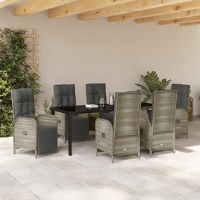 vidaXL 7 Τεμαχίων Σετ Τραπεζαρίας Κήπου με Μαξιλάρια Γκρι Πολυ Ράτανα