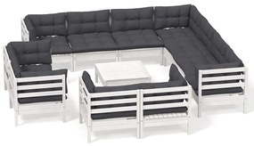 vidaXL Σαλόνι Κήπου Σετ 12 τεμ. Λευκό Μασίφ Ξύλο Πεύκου &amp; Μαξιλάρια