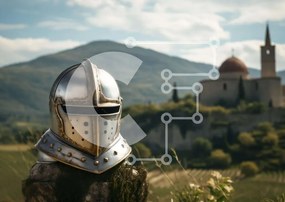 Intra Συλλεκτικό Ξύλινο Παζλ Plywood 4mm - Μεσαιωνικό κράνος ιπποτών σε ξύλινο ποστ Σε Ξύλινο Κουτί - Διαστάσεις: 10x10 cm – 25 κομμάτια