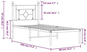 Πλαίσιο Κρεβατιού με Κεφαλάρι Μαύρο 75 x 190 εκ. Μεταλλικό - Μαύρο