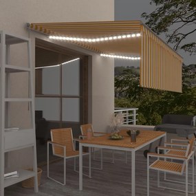 vidaXL Τέντα Συρόμενη Χειροκίνητη με Σκίαστρο&LED Κίτρινο/Λευκό 4x3 μ.