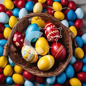 Intra Συλλεκτικό Ξύλινο Παζλ Plywood 4mm - Πολύχρωμο καλάθι με πασχαλινά αυγά σε ξύλινο δάπεδο Σε Ξύλινο Κουτί - Διαστάσεις: 10x10 cm – 25 κομμάτια