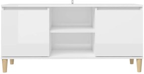 vidaXL Έπιπλο Τηλεόρασης Γυαλ. Λευκό 103,5x35x50 εκ Μασίφ Ξύλινα Πόδια