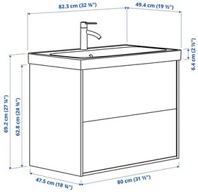 ANGSJON/ORRSJON βάση νιπτήρα με συρτάρια/νιπτήρα/μπαταρία, 82x49x69 cm 595.212.63