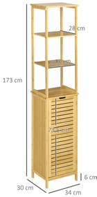 kleankin Ντουλάπι μπάνιου, ψηλό ντουλάπι, τρία ράφια, ένα ντουλάπι με πόρτα με περσίδες, προστασία από ανατροπή, μπαμπού, 34 x 30 x 173cm