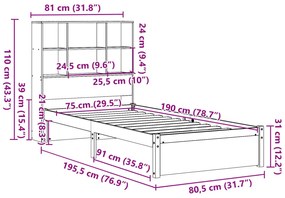 Κρεβάτι Βιβλιοθήκη Χωρίς Στρώμα 75x190 εκ Μασίφ Ξύλο Πεύκο - Καφέ