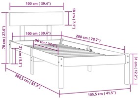 Πλαίσιο Κρεβατιού Μαύρο 100 x 200 εκ. από Μασίφ Ξύλο Πεύκου - Μαύρο