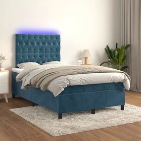 Κρεβάτι Boxspring με Στρώμα &amp; LED Σκ. Μπλε 120x200εκ. Βελούδινο - Μπλε