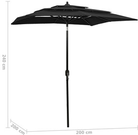 vidaXL Ομπρέλα Κήπου 3 Επιπέδων Μαύρη 2 x 2 μ. με Ιστό Αλουμινίου