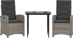 vidaXL Σετ Τραπεζαρίας Κήπου 3 τεμ. Γκρι Συνθ. Ρατάν με Μαξιλάρια