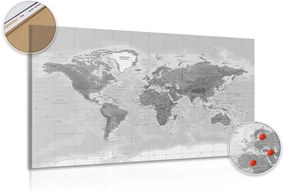 Εικόνα στο φελλό ενός όμορφου ασπρόμαυρου παγκόσμιου χάρτη - 90x60  wooden