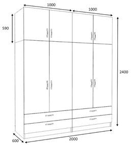 Ντουλάπα ρούχων Victoria Megapap τετράφυλλη με πατάρι και συρτάρια χρώμα φυσικό οξιάς 200x60x240εκ.