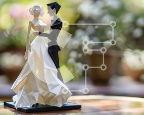 Intra Συλλεκτικό Ξύλινο Παζλ Plywood  4mm - Origami νύφη και γαμπρός με λουλούδια Σε Ξύλινο Κουτί - Διαστάσεις Puzzle: 10x10 cm – 25 κομμάτια