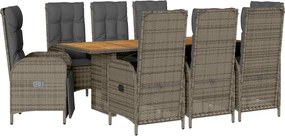 vidaXL Σετ Τραπεζαρίας Κήπου 9 τεμ. Γκρι Συνθ. Ρατάν με Μαξιλάρια