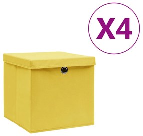 Κουτιά Αποθήκευσης με Καπάκια 4 τεμ. Κίτρινα 28 x 28 x 28 εκ.