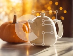 Intra Συλλεκτικό Ξύλινο Παζλ Plywood 4mm - Λευκή τσαγιέρα και πορτοκαλί κολοκύθα στο τραπέζι Σε Ξύλινο Κουτί - Διαστάσεις Puzzle: 10x10 cm – 25 κομμάτια