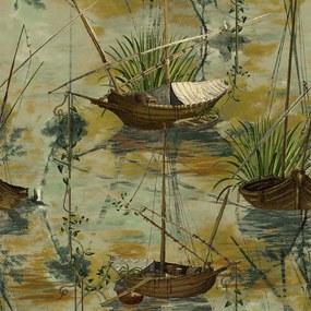 Ταπετσαρία Moored Boats WP20725 Multi-Green MindTheGap Bamboo,Ξύλο