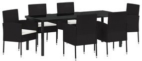 vidaXL Σετ φαγητού κήπου 7 κομματιών με μαξιλάρια Μαύρο Πολυ Ρατάν