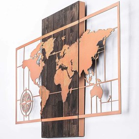 Διακοσμητικό Τοίχου World Map 899SKL2234 85x58cm Walnut-Copper Wallity Μέταλλο,Ξύλο