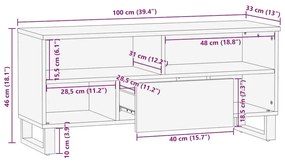 Έπιπλο Τηλεόρασης Μαύρο 100 x 33 x 46 εκ. από Μασίφ Ξύλο Μάνγκο - Μαύρο