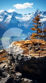 Intra Συλλεκτικό Ξύλινο Παζλ Plywood  4mm - Γραφικό τοπίο με κούτσουρο και χιονισμένα βουνά Σε Ξύλινο Κουτί - Διαστάσεις: 10x10 cm – 25 κομμάτια