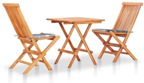 Σετ Επίπλων Mπιστρό 3 τεμ Μασίφ Ξύλο Teak &amp; Γκρι Καρό Μαξιλάρια