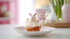 Intra Συλλεκτικό Ξύλινο Παζλ Plywood  4mm - Αξιολάτρευτο Bunny Cupcake σε λευκό πιάτο με φυτά σε γλάστρες Σε Ξύλινο Κουτί - Διαστάσεις: 10x10 cm – 25 κομμάτια