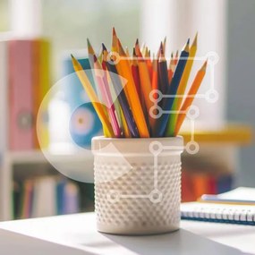 Intra Συλλεκτικό Ξύλινο Παζλ Plywood  4mm - Πολύχρωμα μολύβια σε λευκό βάζο σε βιβλία και χαρτικά Σε Ξύλινο Κουτί - Διαστάσεις Puzzle: 10x10 cm – 25 κομμάτια