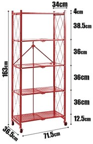 Τροχήλατη Ραφιέρα 5 Επιπέδων 163x71cm Κόκκινο
