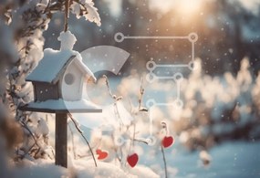 Intra Συλλεκτικό Ξύλινο Παζλ Plywood  4mm - Εξοχικό Birdhouse με κόκκινες καρδιές στο χιόνι Σε Ξύλινο Κουτί - Διαστάσεις: 10x10 cm – 25 κομμάτια