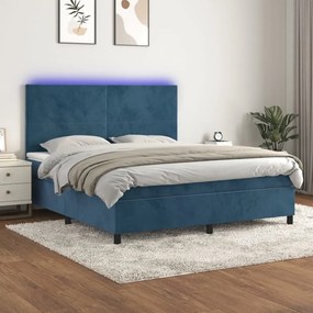 vidaXL Κρεβάτι Boxspring με Στρώμα &amp; LED Σκ. Μπλε 160x200εκ. Βελούδινο