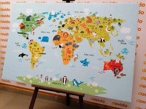 Εικόνα στο φελλό ενός παιδικού παγκόσμιου χάρτη με ζώα - 90x60  wooden
