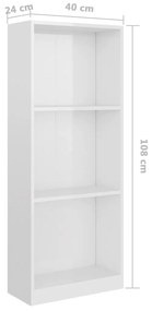 vidaXL Βιβλιοθήκη με 3 Ράφια Γυαλιστερό Λευκό 40x24x108 εκ Μοριοσανίδα