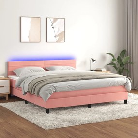 Κρεβάτι Boxspring με Στρώμα &amp; LED Ροζ 180x200 εκ. Βελούδινο
