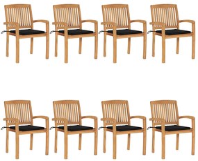 Καρέκλες Κήπου Στοιβαζόμενες 8 τεμ. Μασίφ Ξύλο Teak & Μαξιλάρια