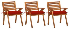 Καρέκλες Τραπεζαρίας Κήπου 3 τεμ Μασίφ Ξύλο Ακακίας &amp; Μαξιλάρια - Κόκκινο