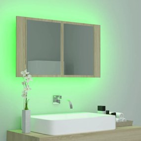 Ντουλάπι Μπάνιου με Καθρέφτη &amp; Φωτ. LED Sonoma Δρυς Ακρυλικός - Καφέ